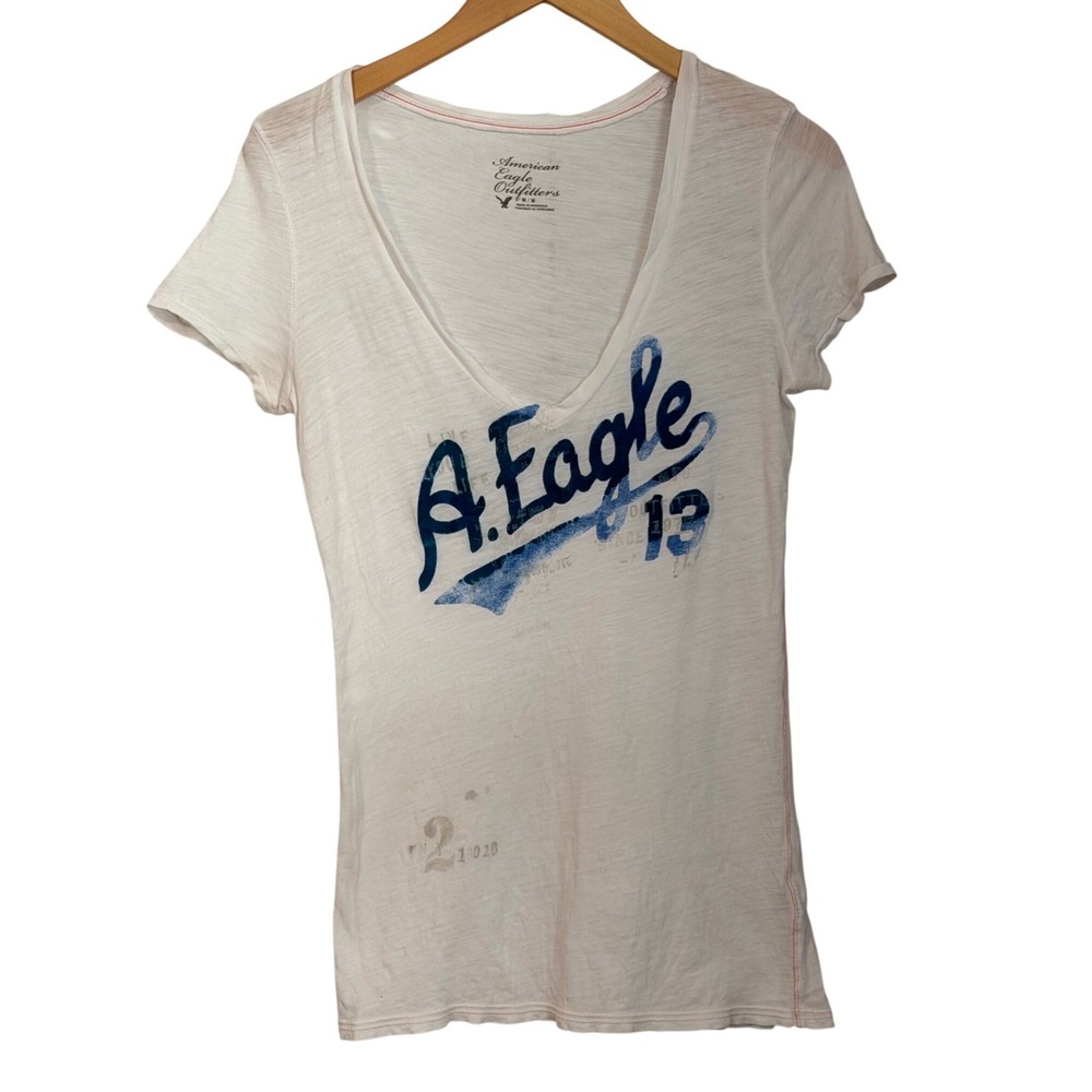 American Eagle Graphic Tee Shirt Womens Size M White Longline Varsity Y2K